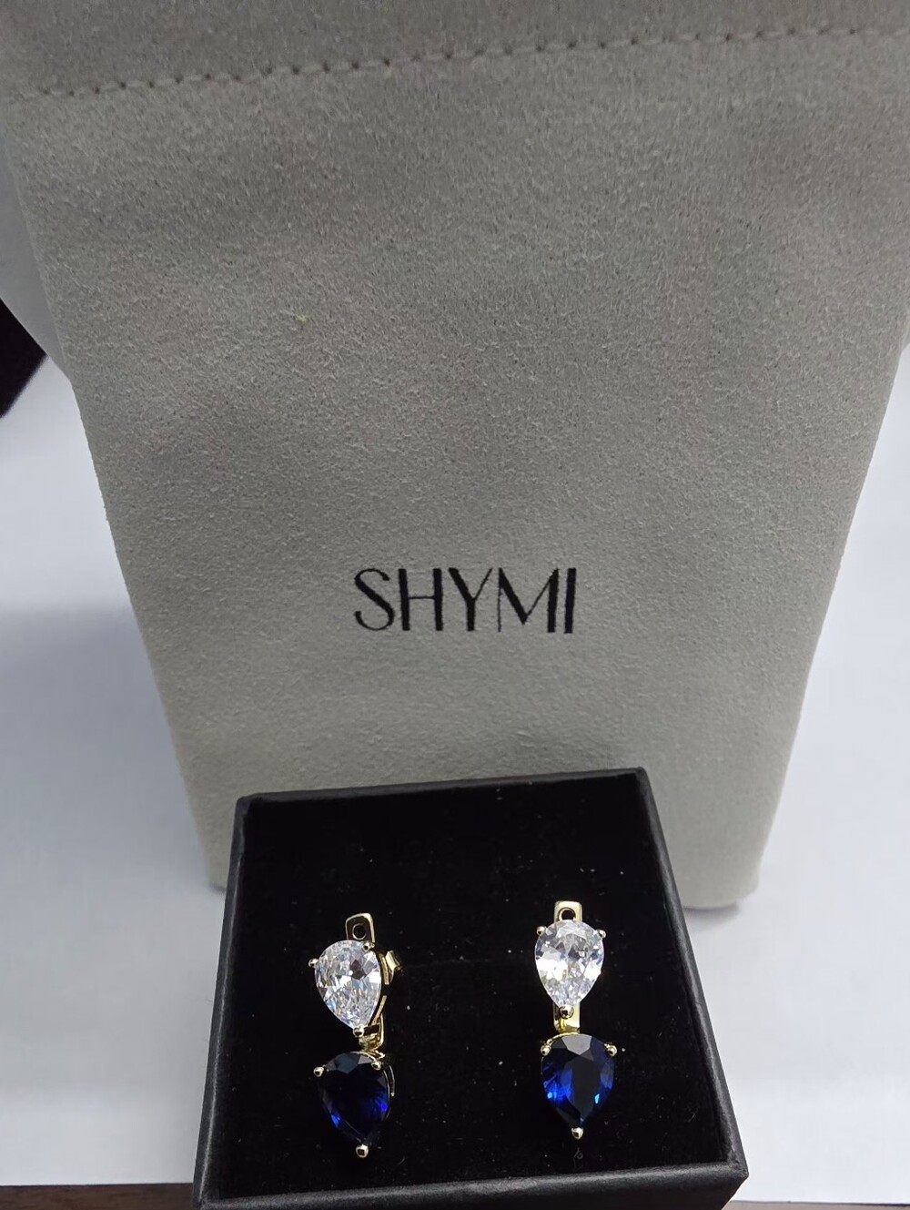 SHYMI Pear & Stud Ear Jacket Earrings Clear & Sapphire Blue CZ Gold Retail $140